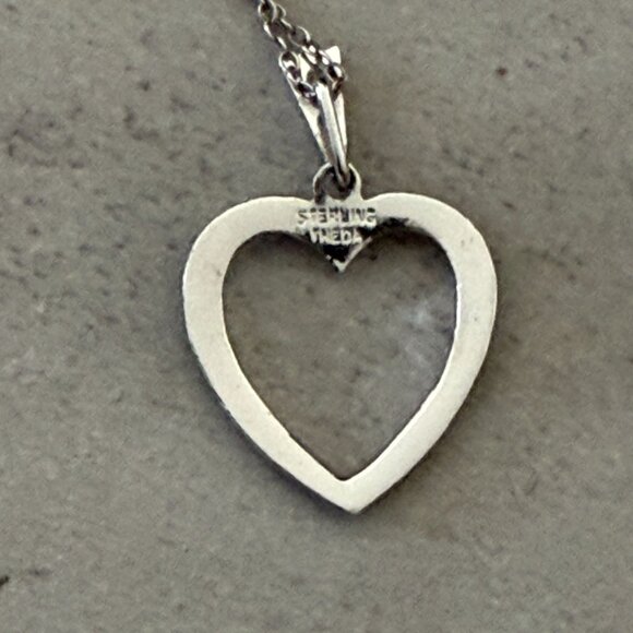 Vintage Theda .925 Sterling Marcasite Open Heart Pendant Necklace with 16" Chain - Picture 3 of 8